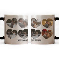 Bögre szív alakú képekkel és felirattal