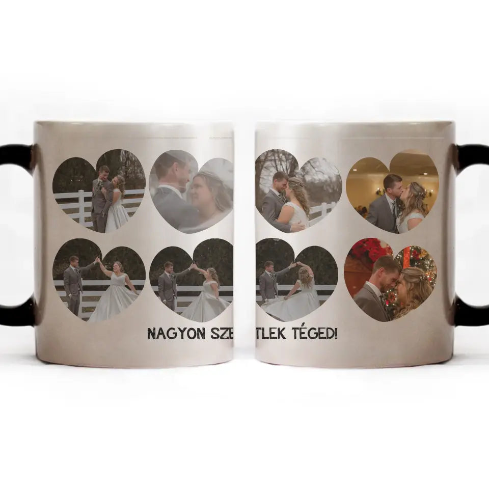 Bögre szív alakú képekkel és felirattal