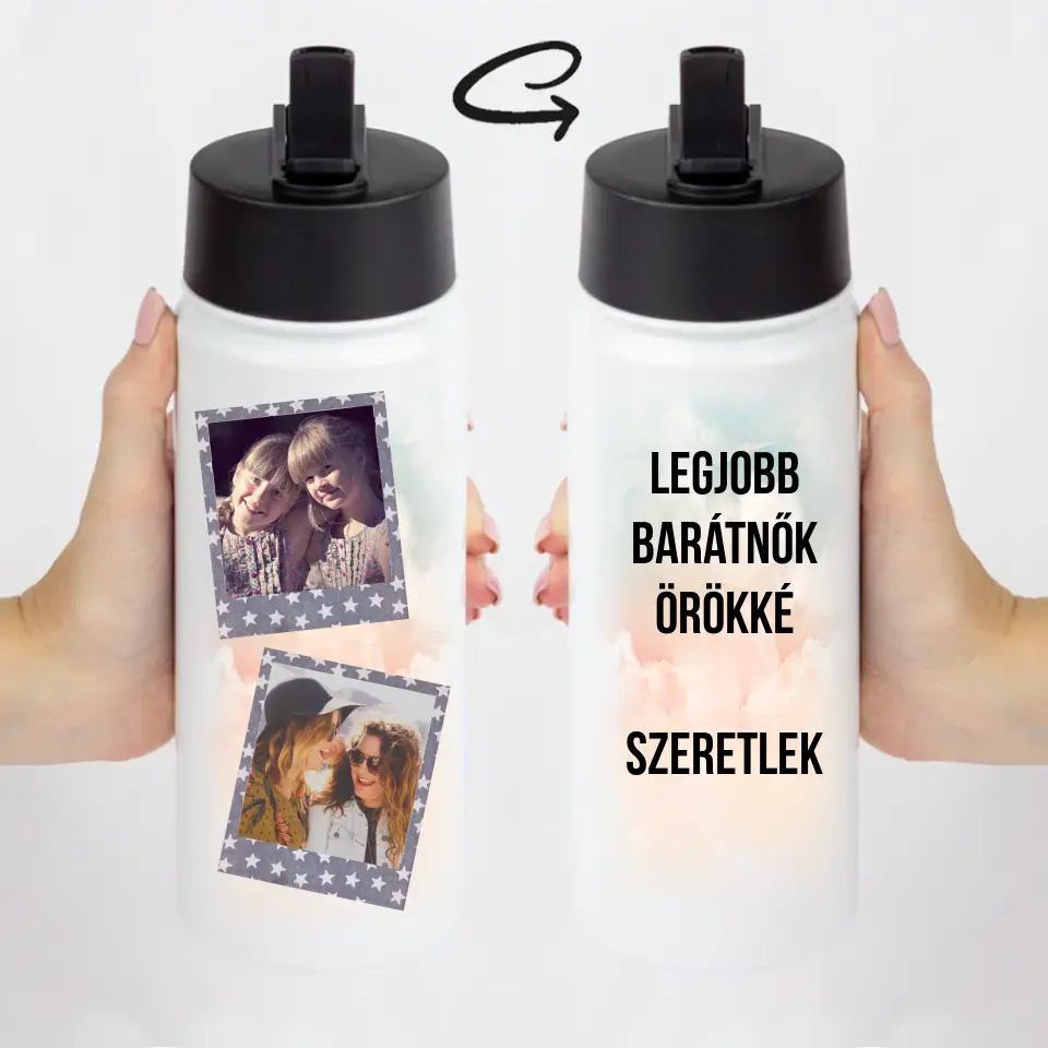 Szívószálas polaroid fényképes kulacs felirattal