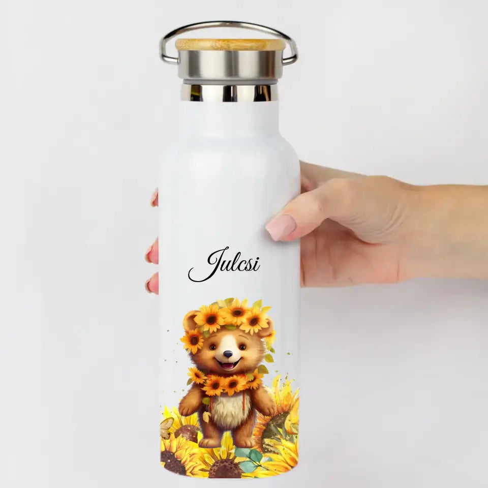 Állatos bambusz fedeles kulacs névvel