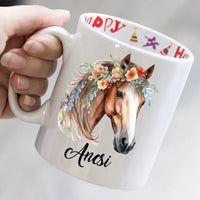 Virágos lovas bögre egyedi névvel