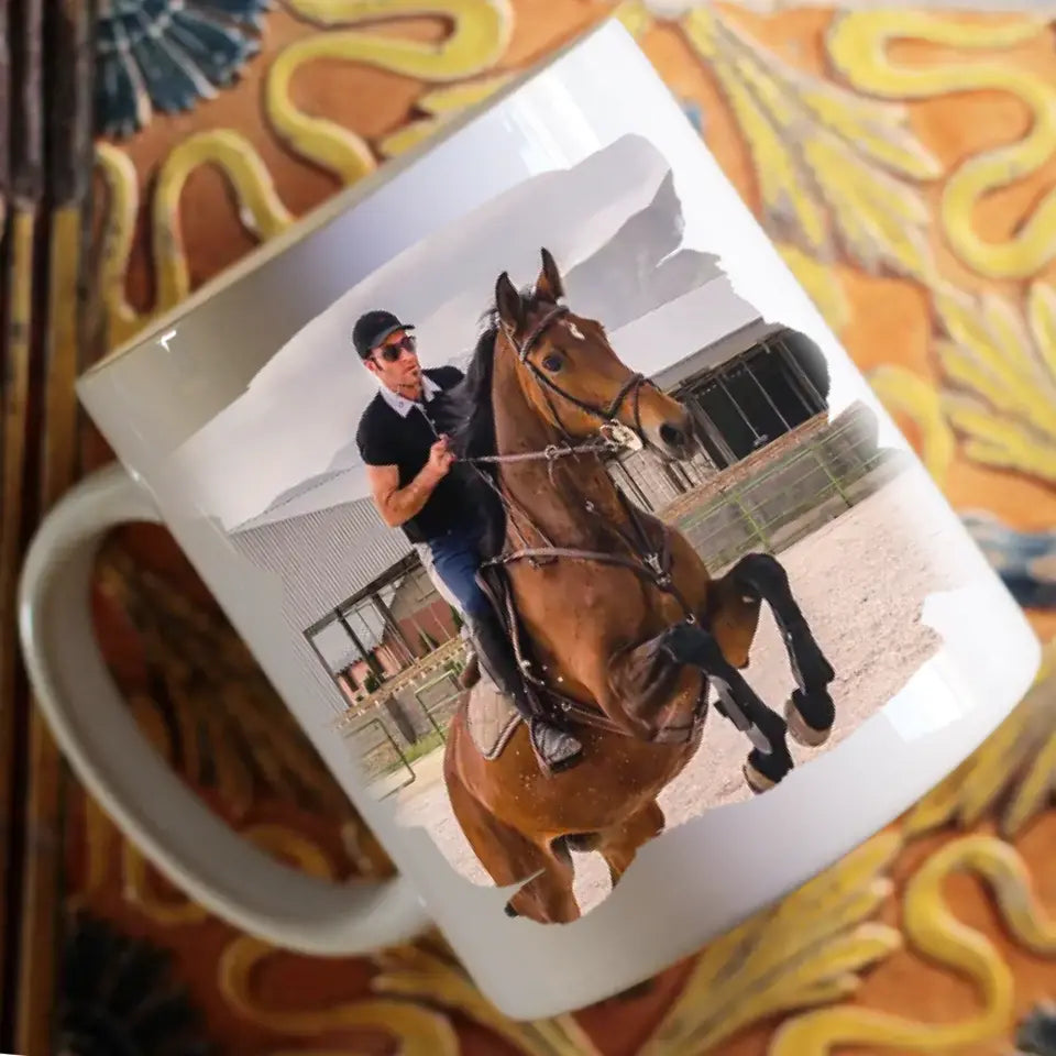 Vicces feliratos lovas bögre fényképpel