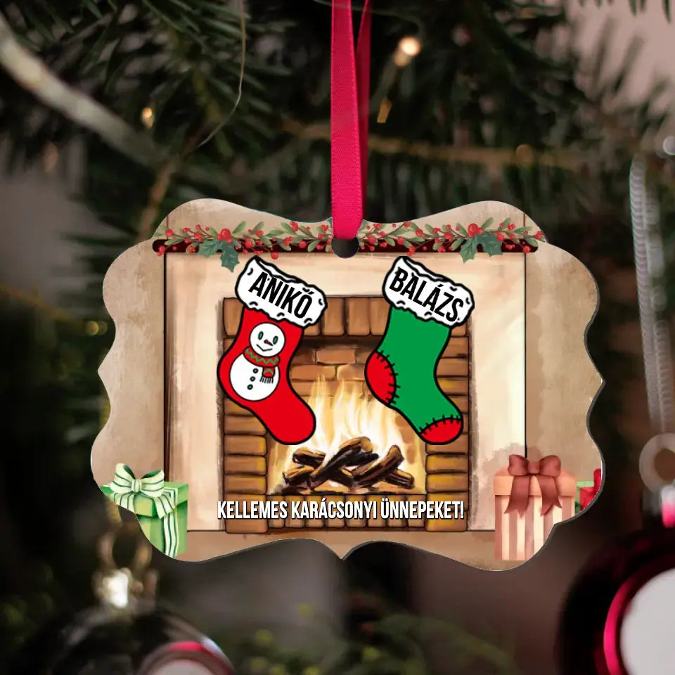 Karácsonyi zoknis hosszúkás dísz névvel