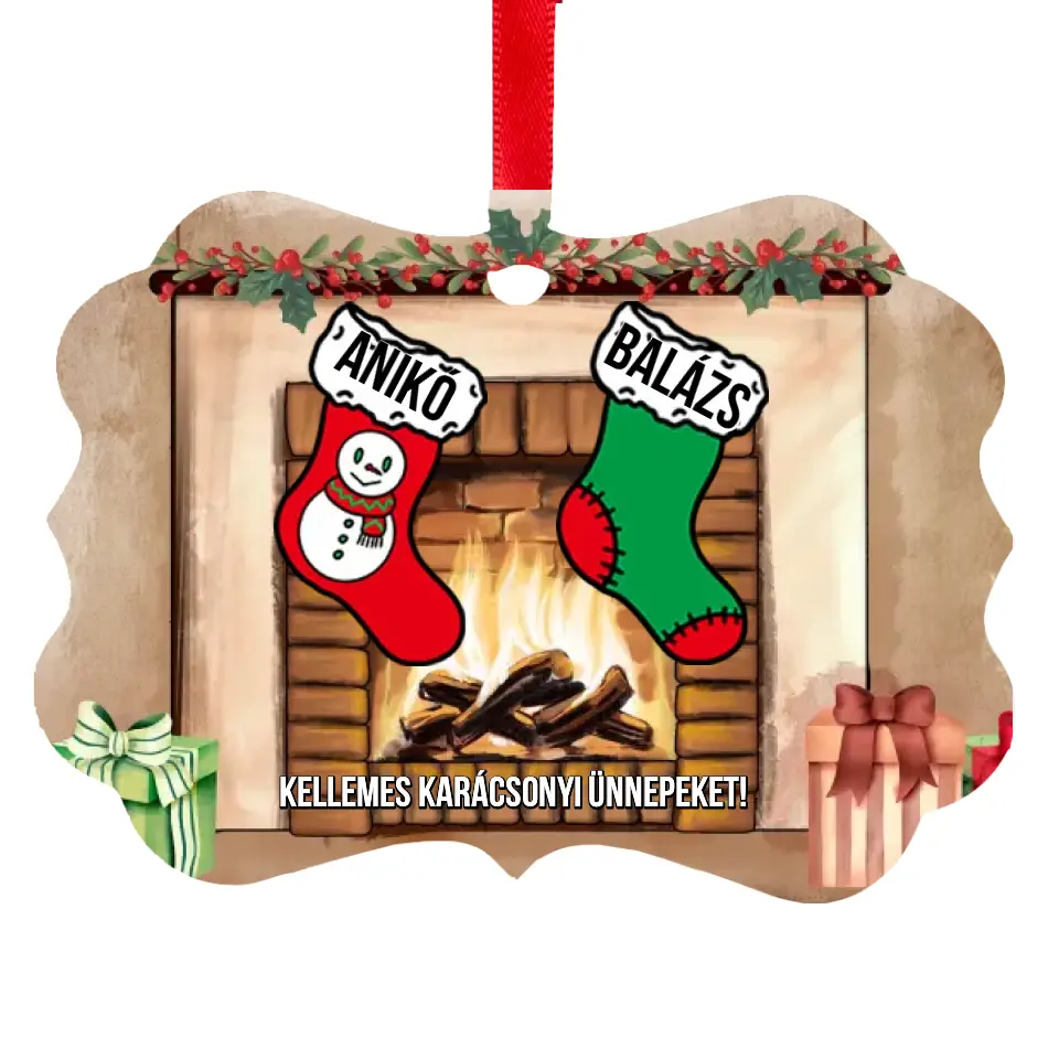 Karácsonyi zoknis hosszúkás dísz névvel