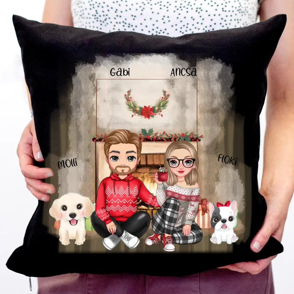 Cuki karakteres páros karácsonyi fekete párna 2 kutyával 