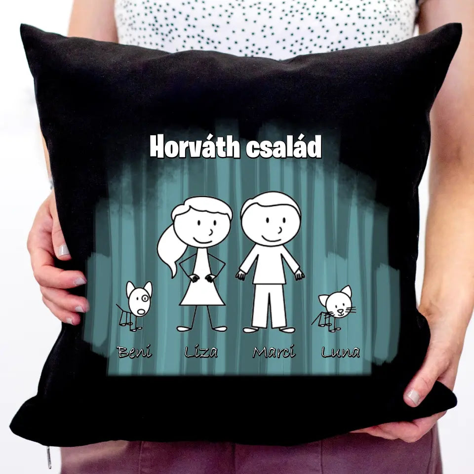 Rajzolt családos fekete párna