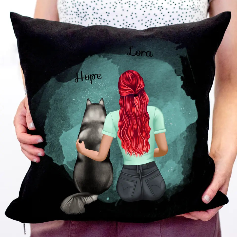 Egyedi fekete párna kutyás karakterrel