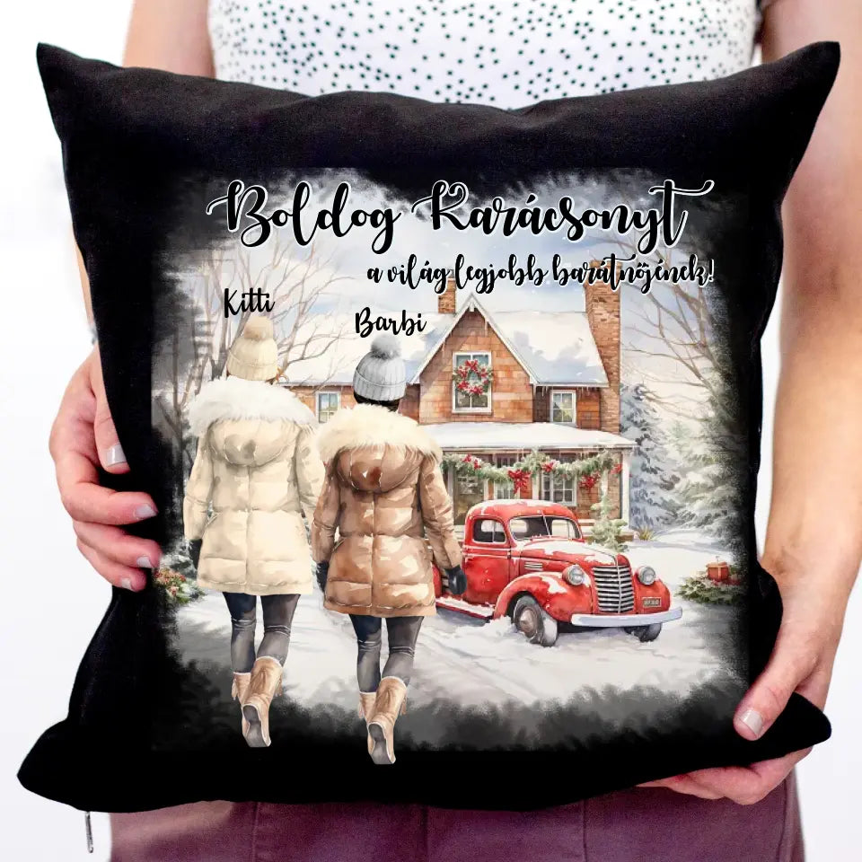 Téli tájas karácsonyi barátnős fekete párna 