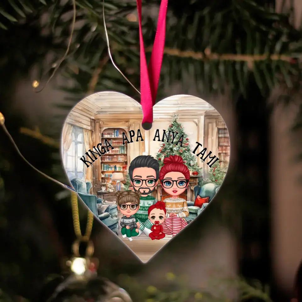 Szerkeszthető karakteres szív alakú egyedi karácsonyfadísz családoknak
