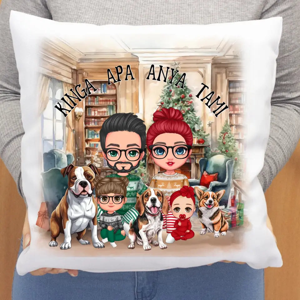 Karácsonyi cuki családos párna kutyákkal
