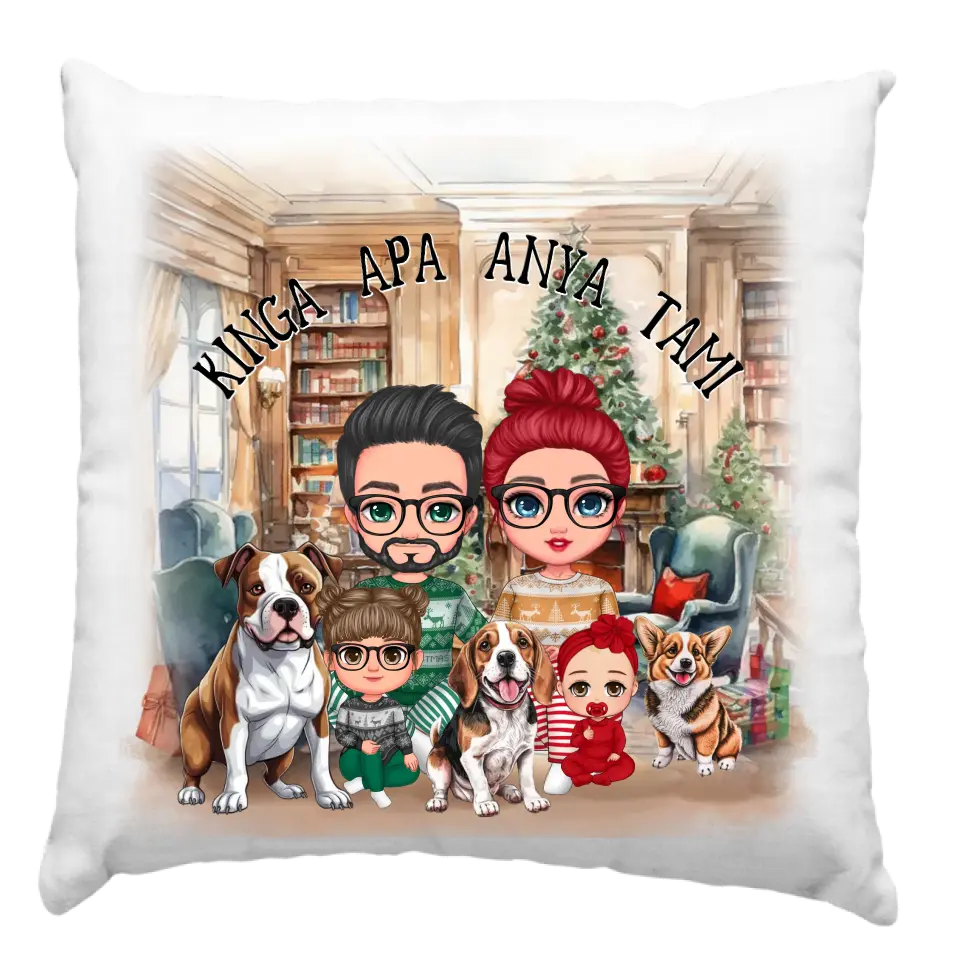 Karácsonyi cuki családos párna kutyákkal