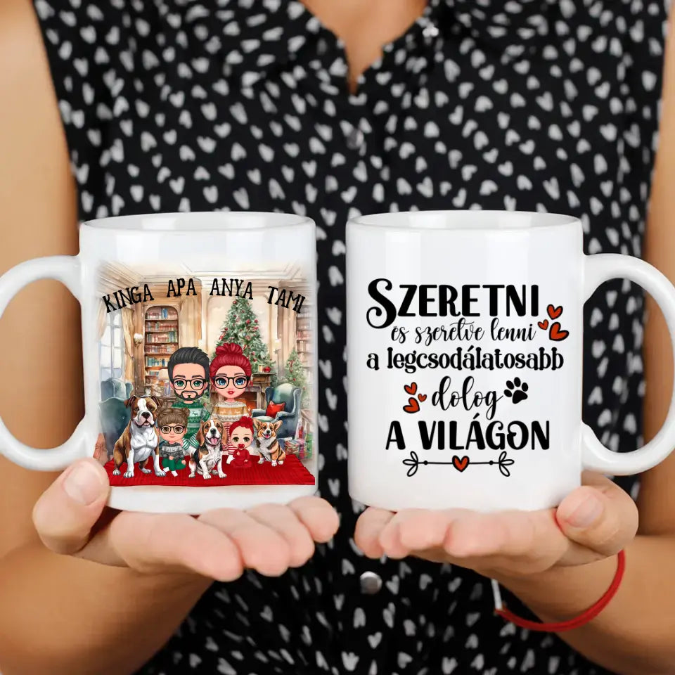 Karácsonyi család kutyákkal ajándék bögre