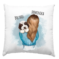 Egyedi párna vállon ülő kutyákkal