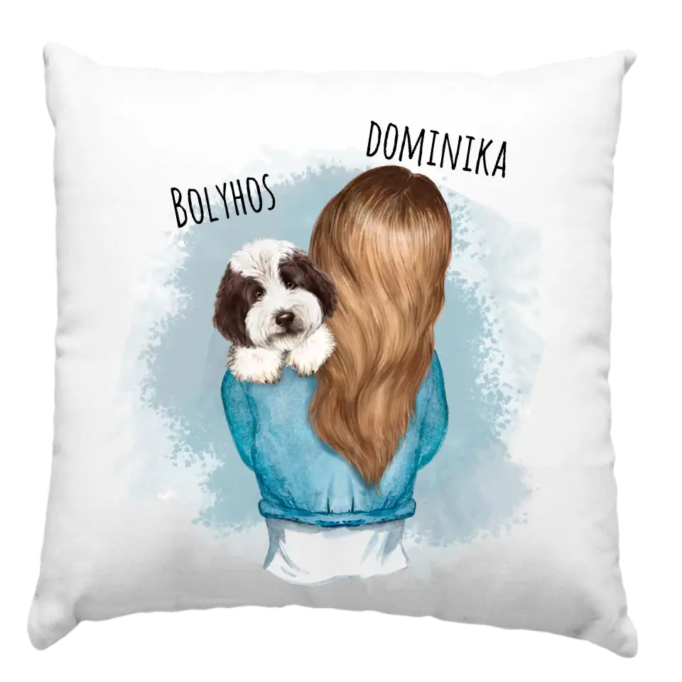 Egyedi párna vállon ülő kutyákkal