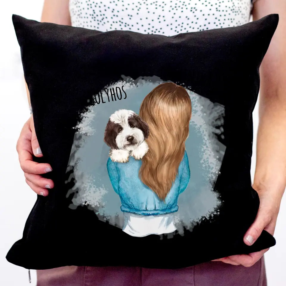Egyedi párna vállon ülő kutyákkal
