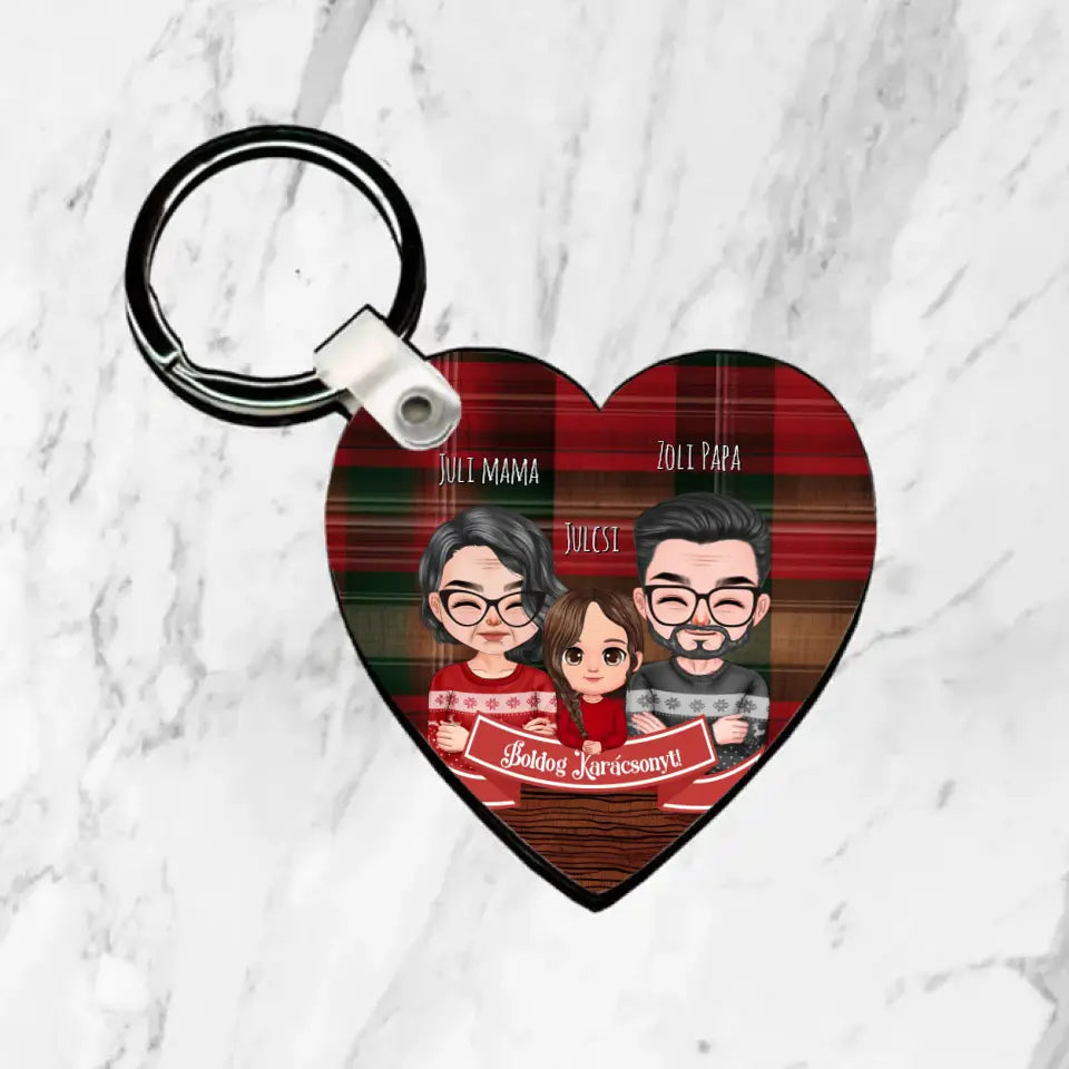 Karácsonyi cuki család nagyszülőkkel szív alakú kulcstartó