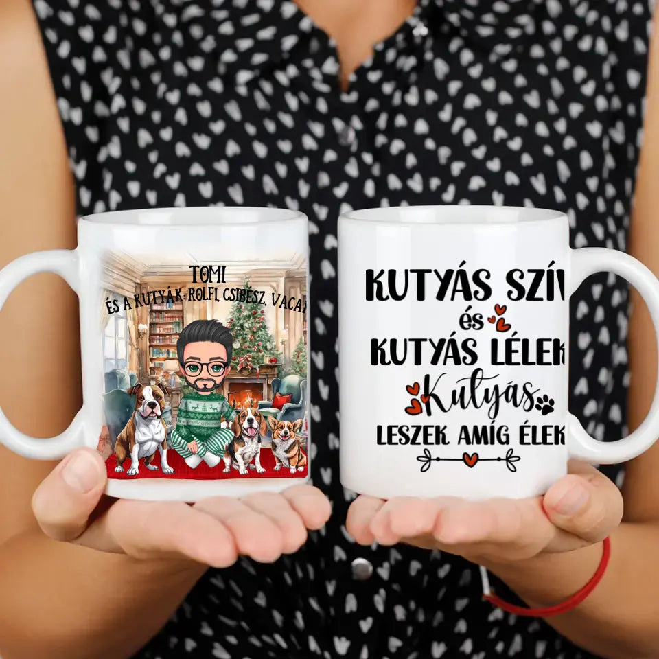 Karácsonyi gazdi kutyákkal ajándék bögre választható fiú és lány karakterrel