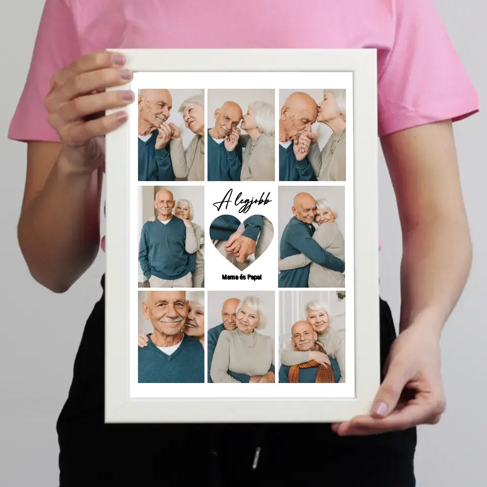 Fotókollázs falikép Nagyszülőknek szívvel a közepén