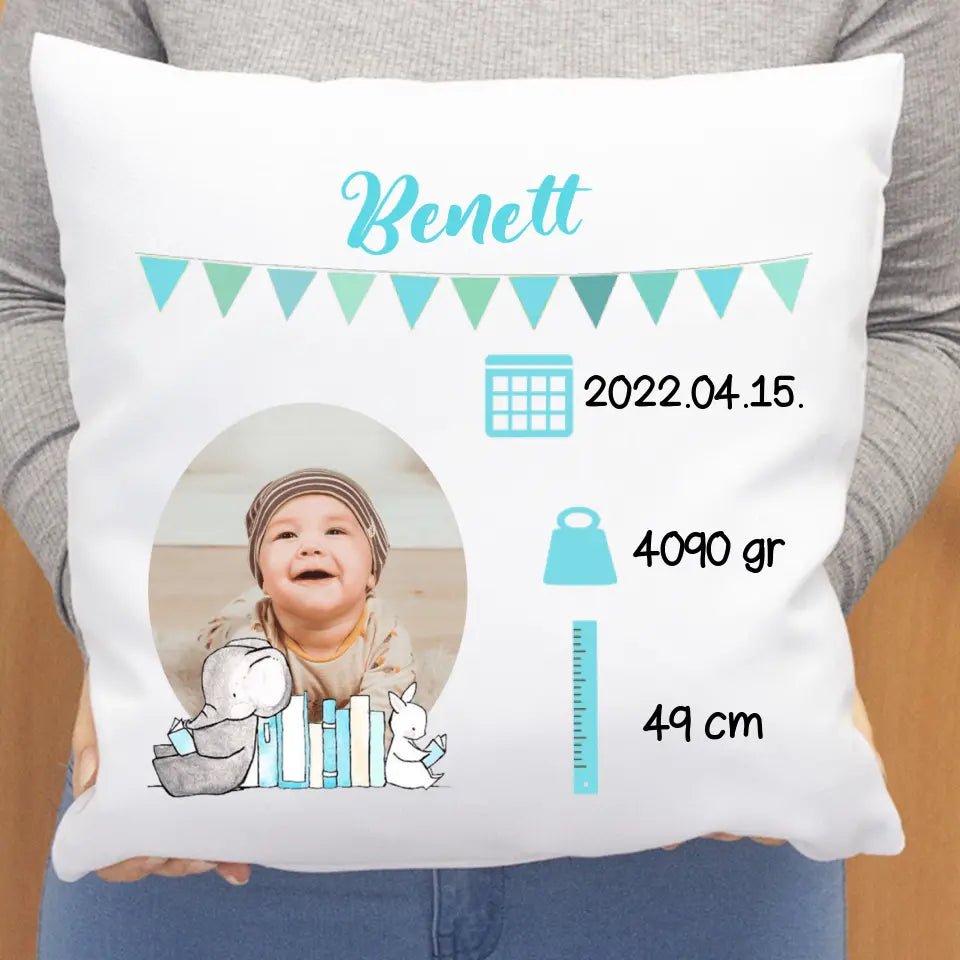 Egyedi fotós kék párna babáknak