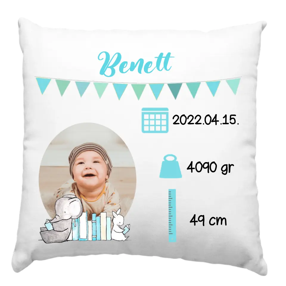Egyedi fotós kék párna babáknak