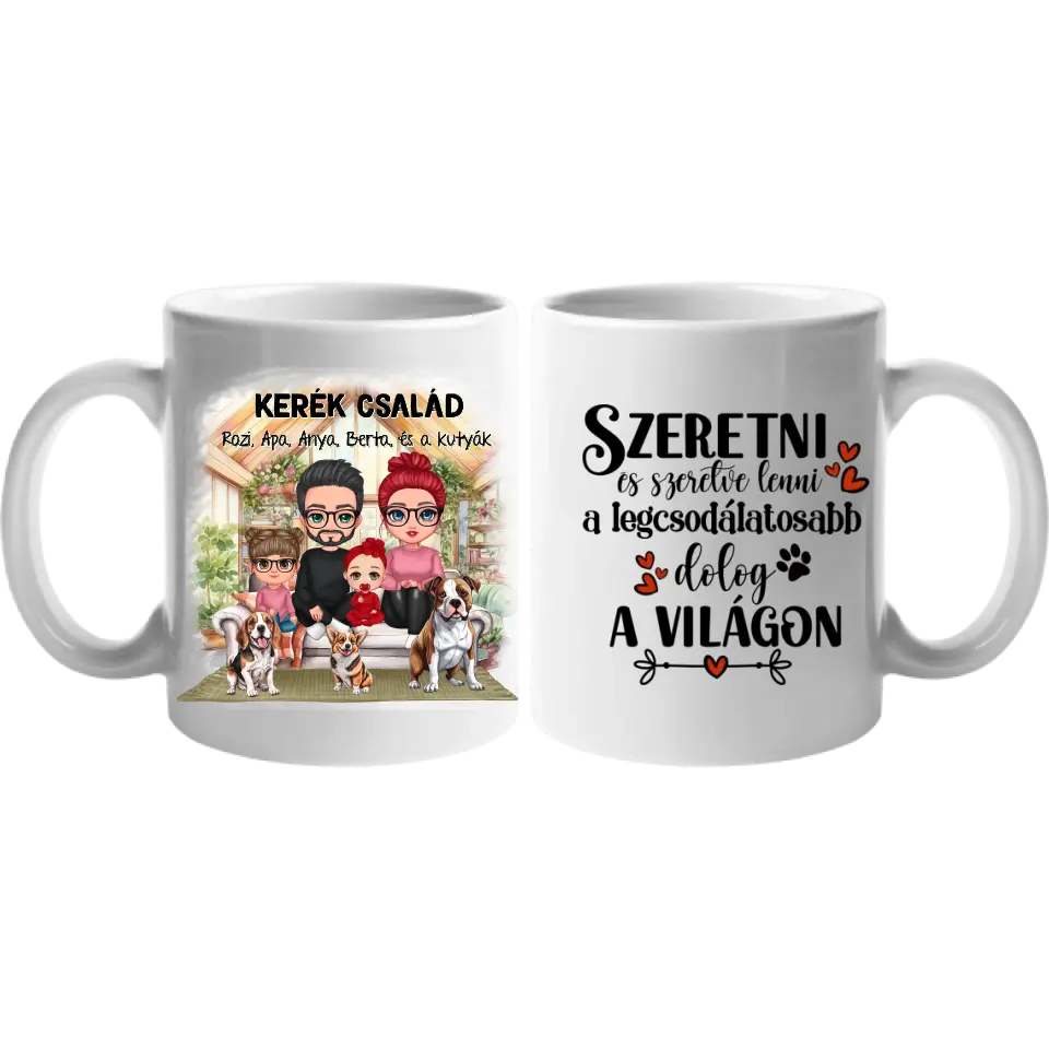 Egyedi ajándék bögre személyre szabható karakterekkel - cuki család kutyákkal