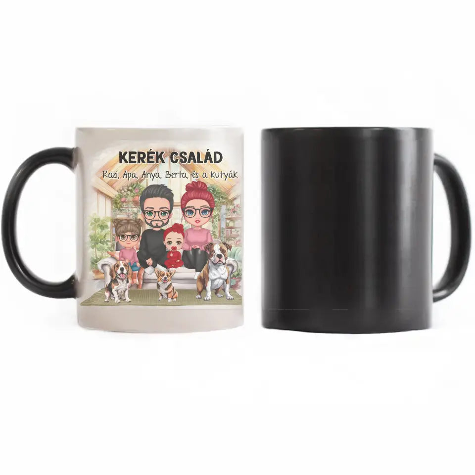 Egyedi ajándék bögre személyre szabható karakterekkel - cuki család kutyákkal