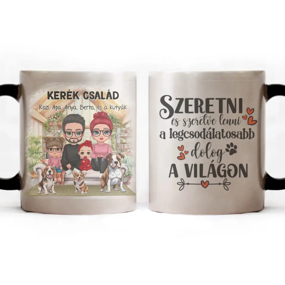Egyedi ajándék bögre személyre szabható karakterekkel - cuki család kutyákkal