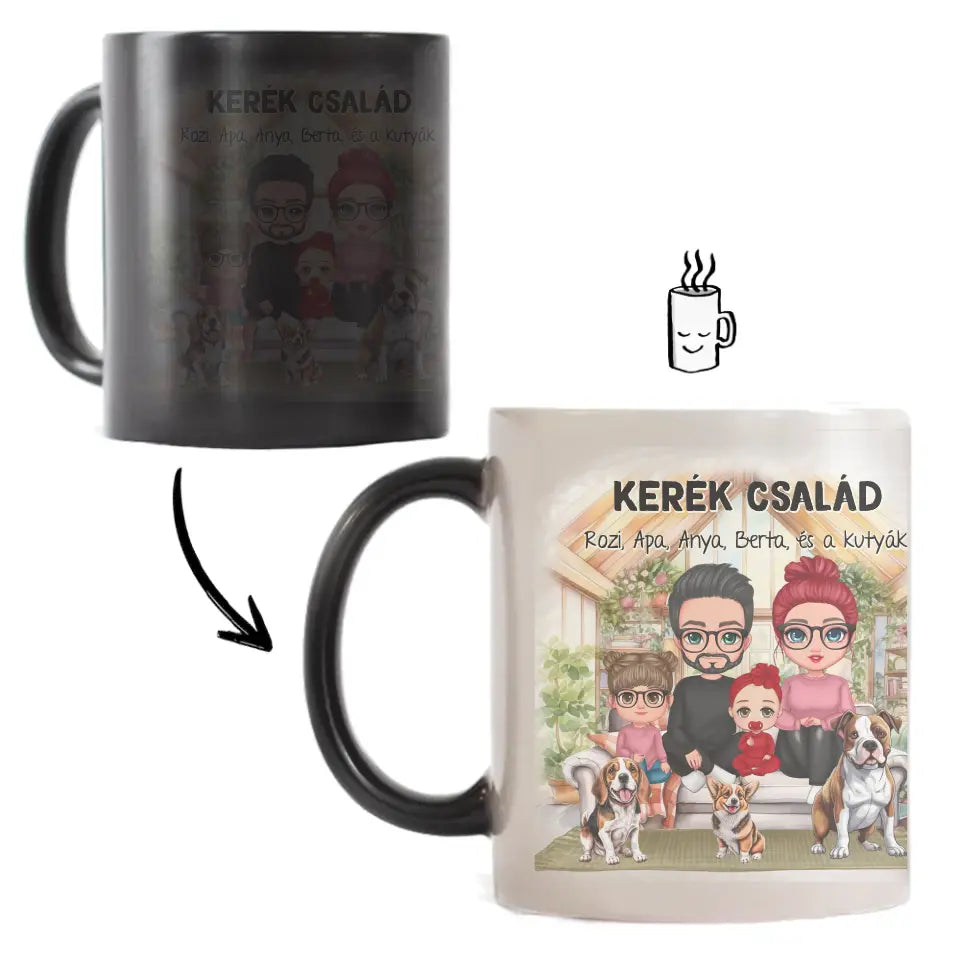 Egyedi ajándék bögre személyre szabható karakterekkel - cuki család kutyákkal