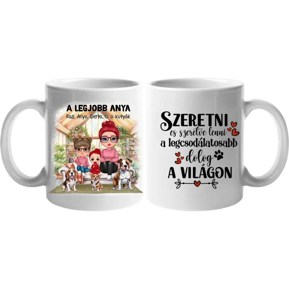 Egyedi ajándék bögre személyre szabható karakterekkel - cuki család Anyával és kutyákkal