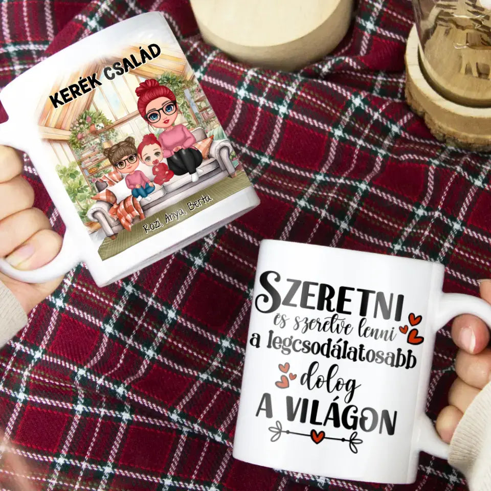 Egyedi ajándék bögre személyre szabható karakterekkel - cuki család Anyával