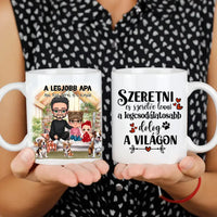 Egyedi ajándék bögre személyre szabható karakterekkel - cuki család Apával és kutyákkal