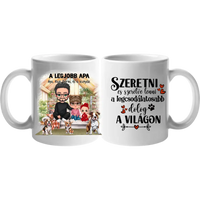 Egyedi ajándék bögre személyre szabható karakterekkel - cuki család Apával és kutyákkal