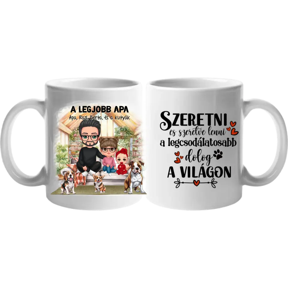 Egyedi ajándék bögre személyre szabható karakterekkel - cuki család Apával és kutyákkal