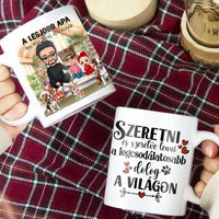 Egyedi ajándék bögre személyre szabható karakterekkel - cuki család Apával és kutyákkal