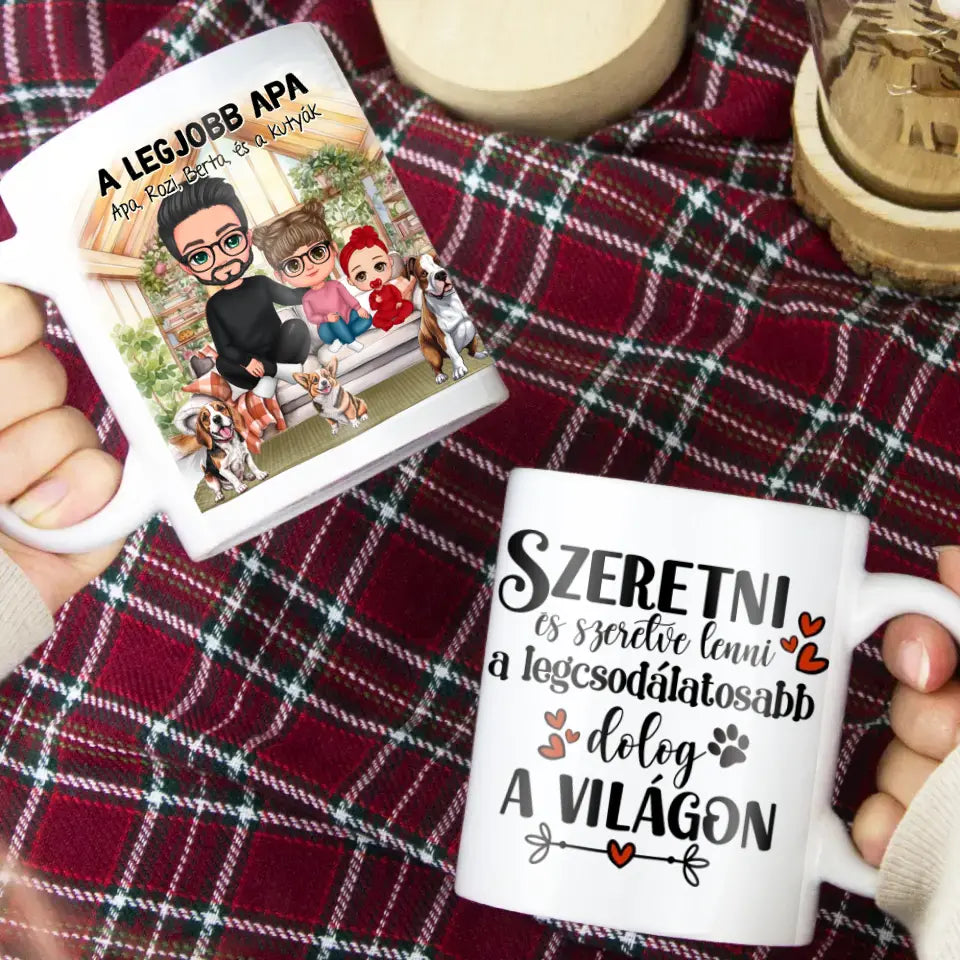 Egyedi ajándék bögre személyre szabható karakterekkel - cuki család Apával és kutyákkal