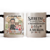 Egyedi ajándék bögre személyre szabható karakterekkel - cuki család Apával és kutyákkal