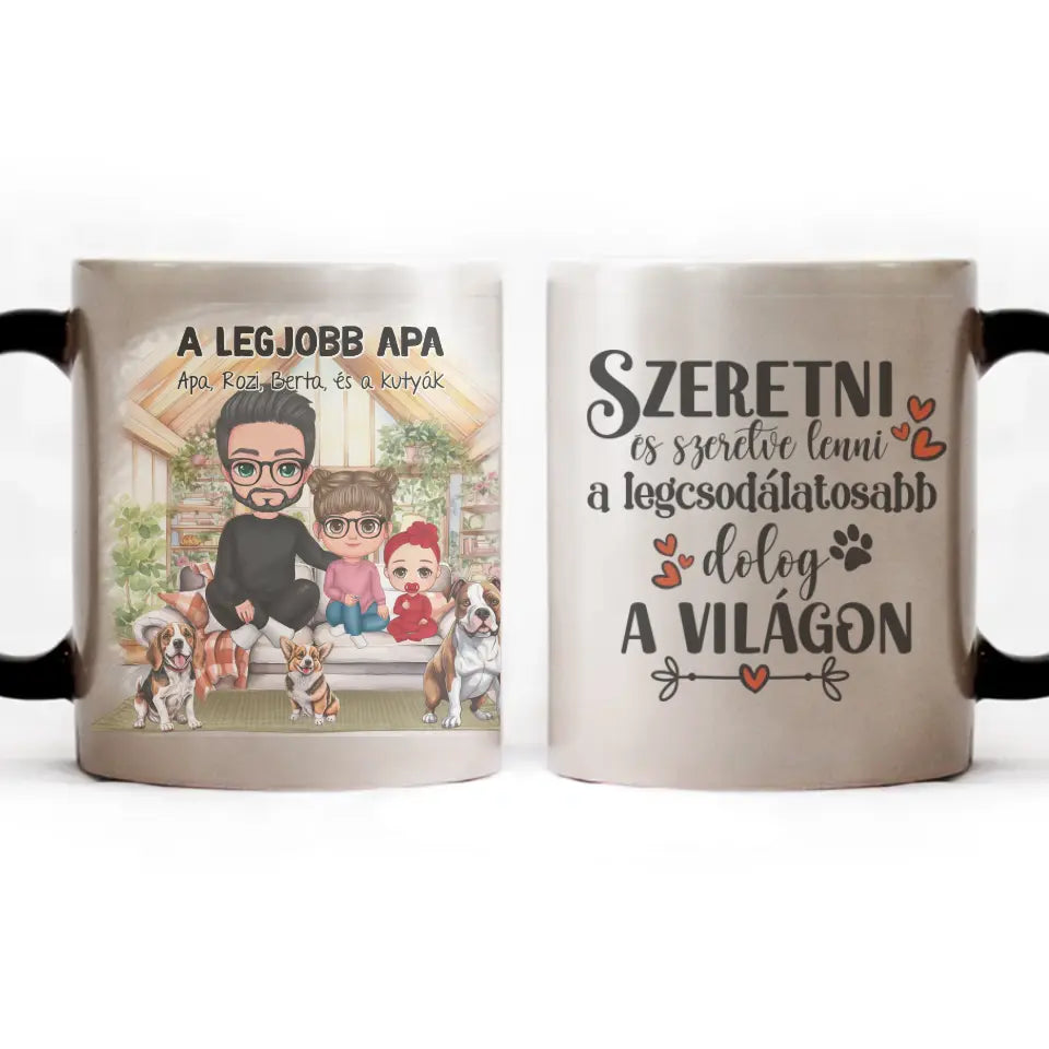 Egyedi ajándék bögre személyre szabható karakterekkel - cuki család Apával és kutyákkal