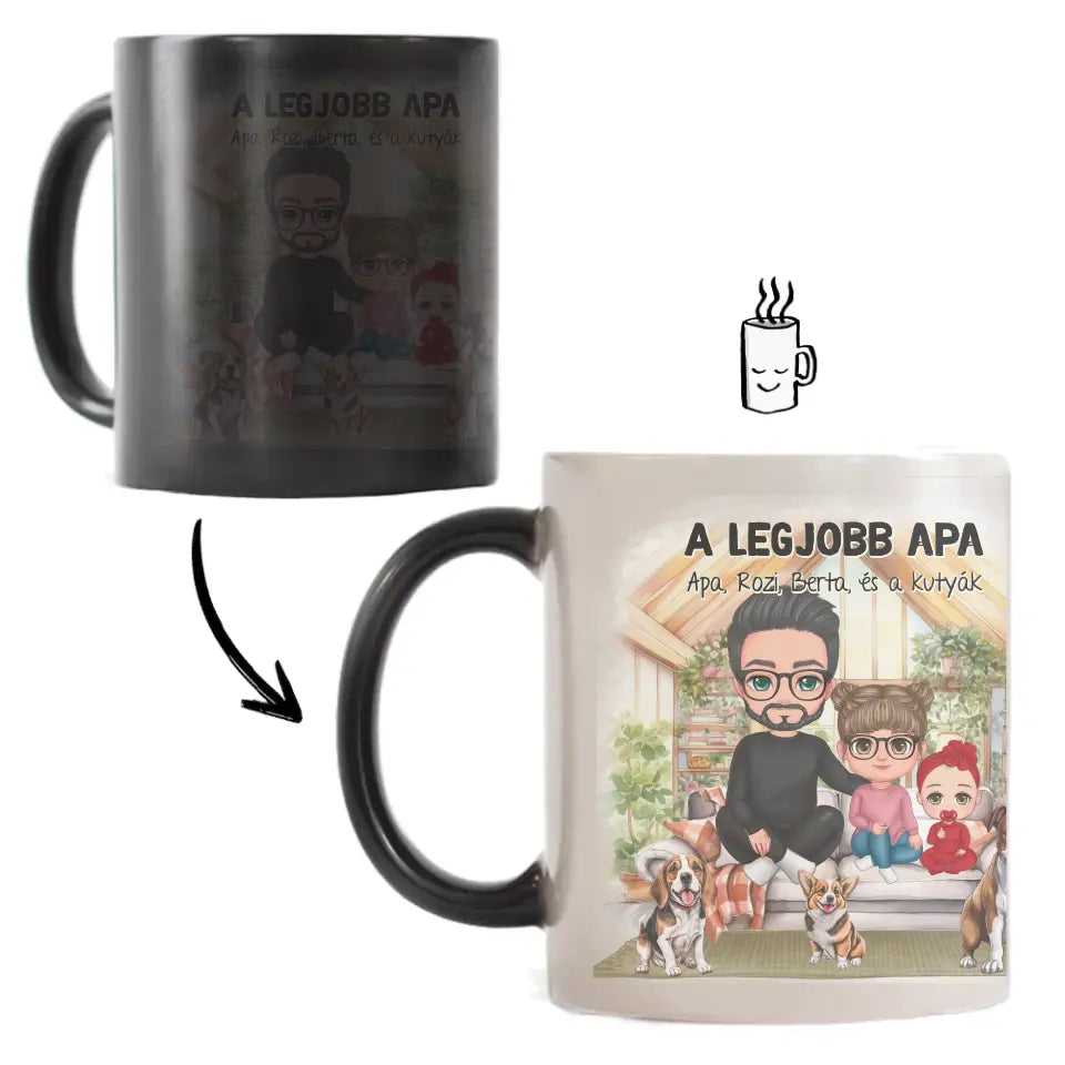 Egyedi ajándék bögre személyre szabható karakterekkel - cuki család Apával és kutyákkal