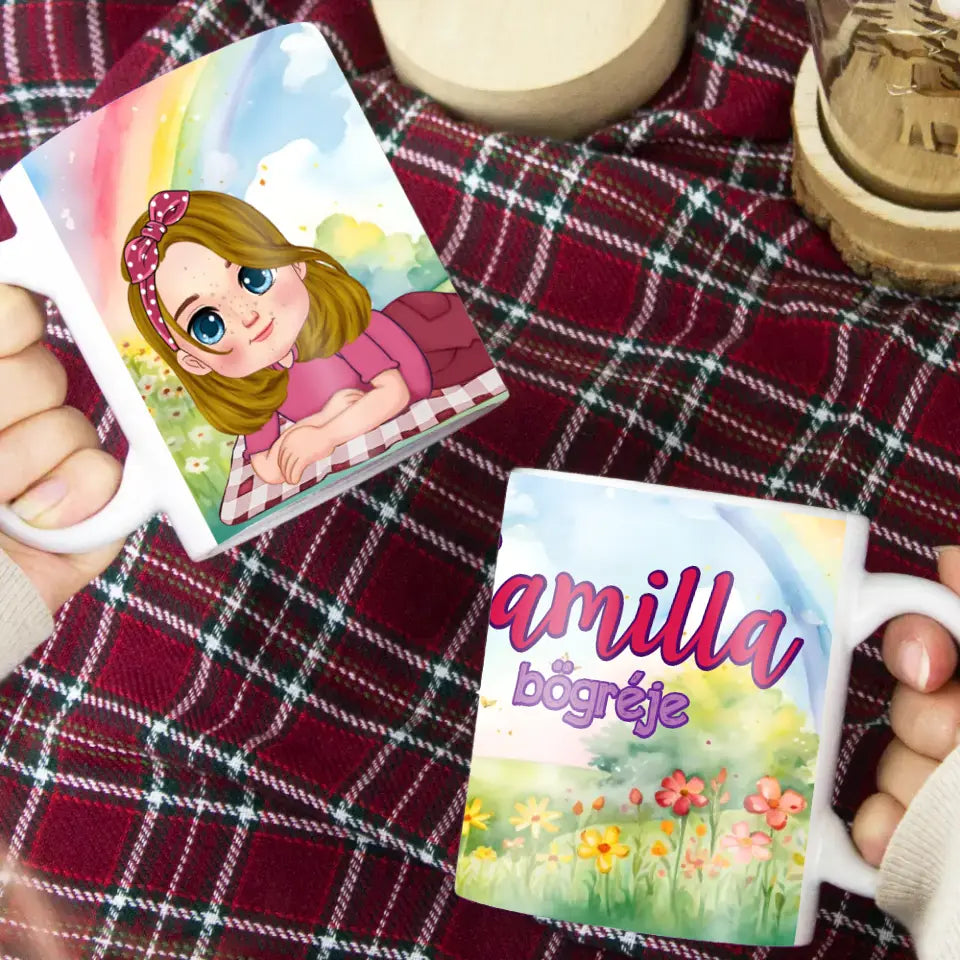 Szerkeszthető karakteres egyedi ajándék bögre kislányoknak saját névvel