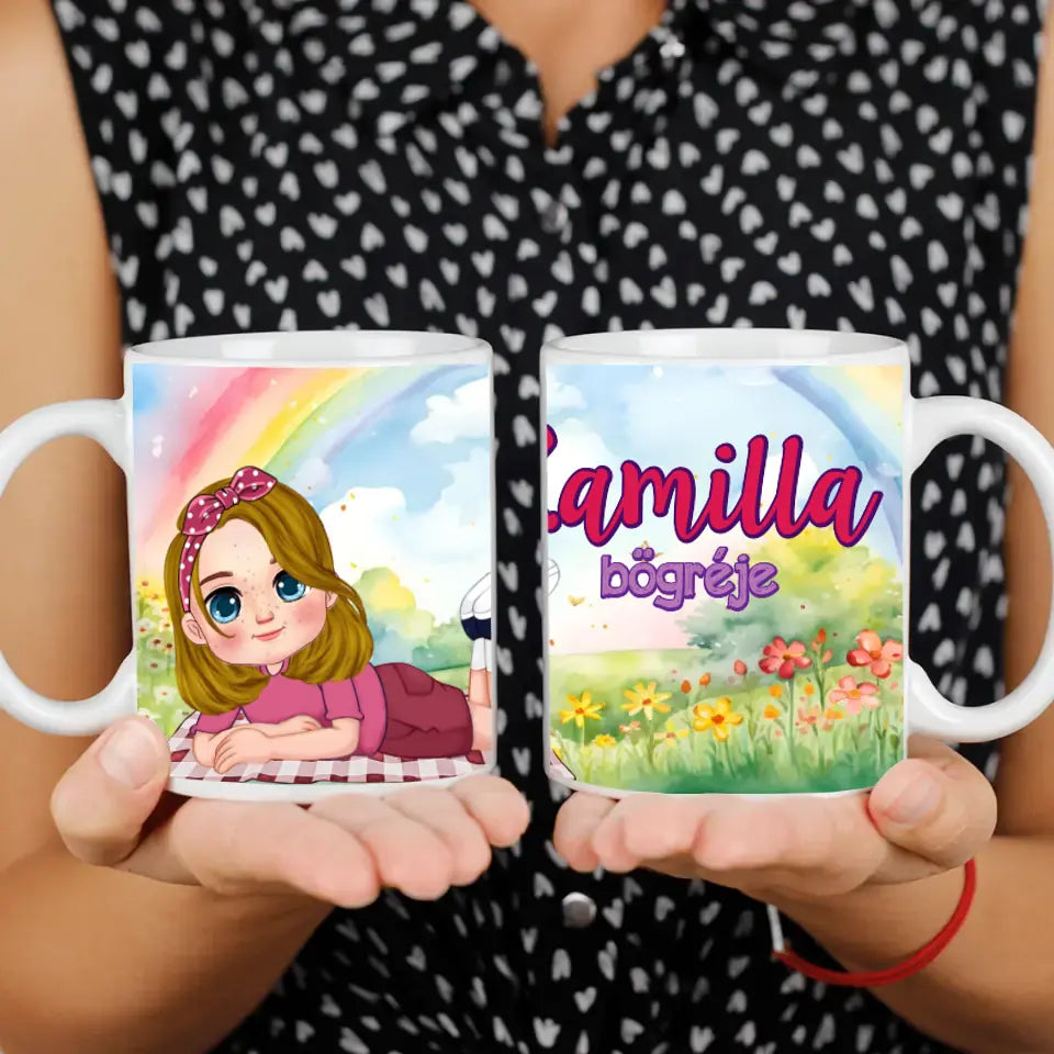 Szerkeszthető karakteres egyedi ajándék bögre kislányoknak saját névvel