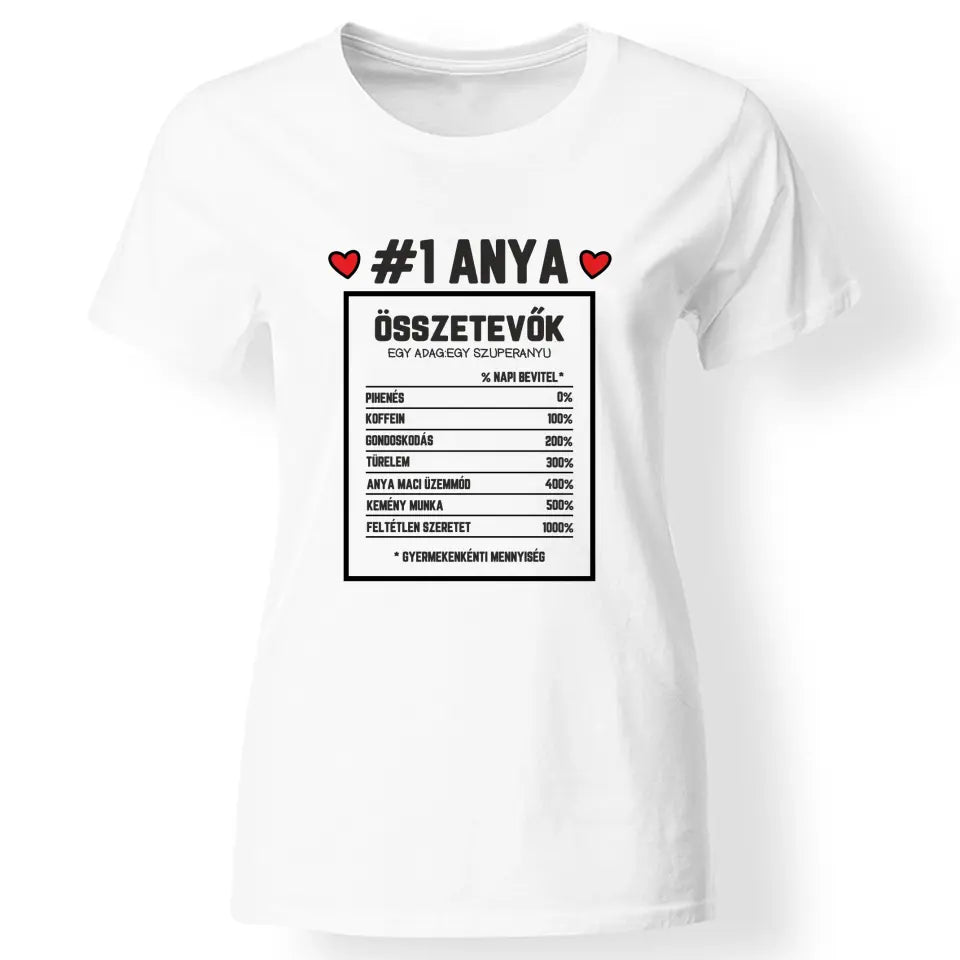 Egyedi ajándék anyukáknak - Anya összetevői póló fehér