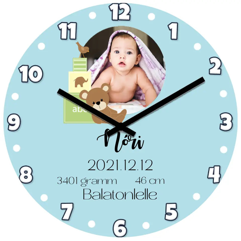 Egyedi fényképes cuki babás óra a születési információkkal