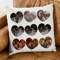 Párna szív alakú képekkel és felirattal