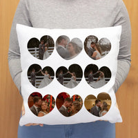 Párna szív alakú képekkel és felirattal