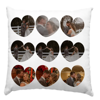 Párna szív alakú képekkel és felirattal