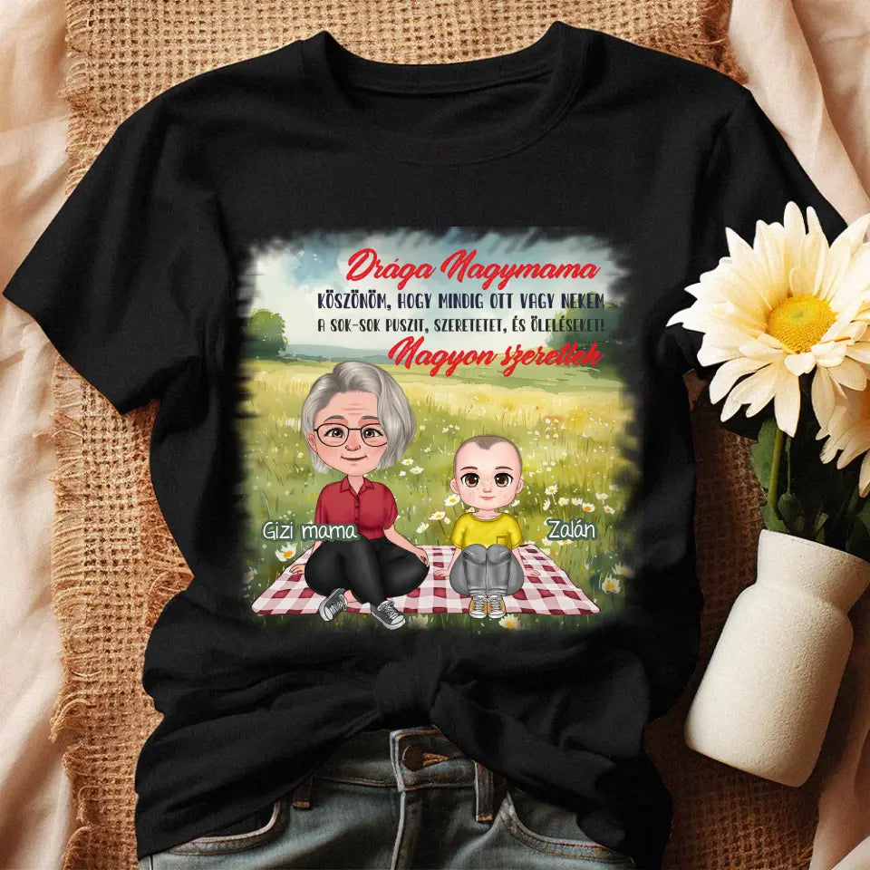 Egyedi ajándék nagymamáknak - Szerkeszthető karakteres Drága nagymama póló fekete