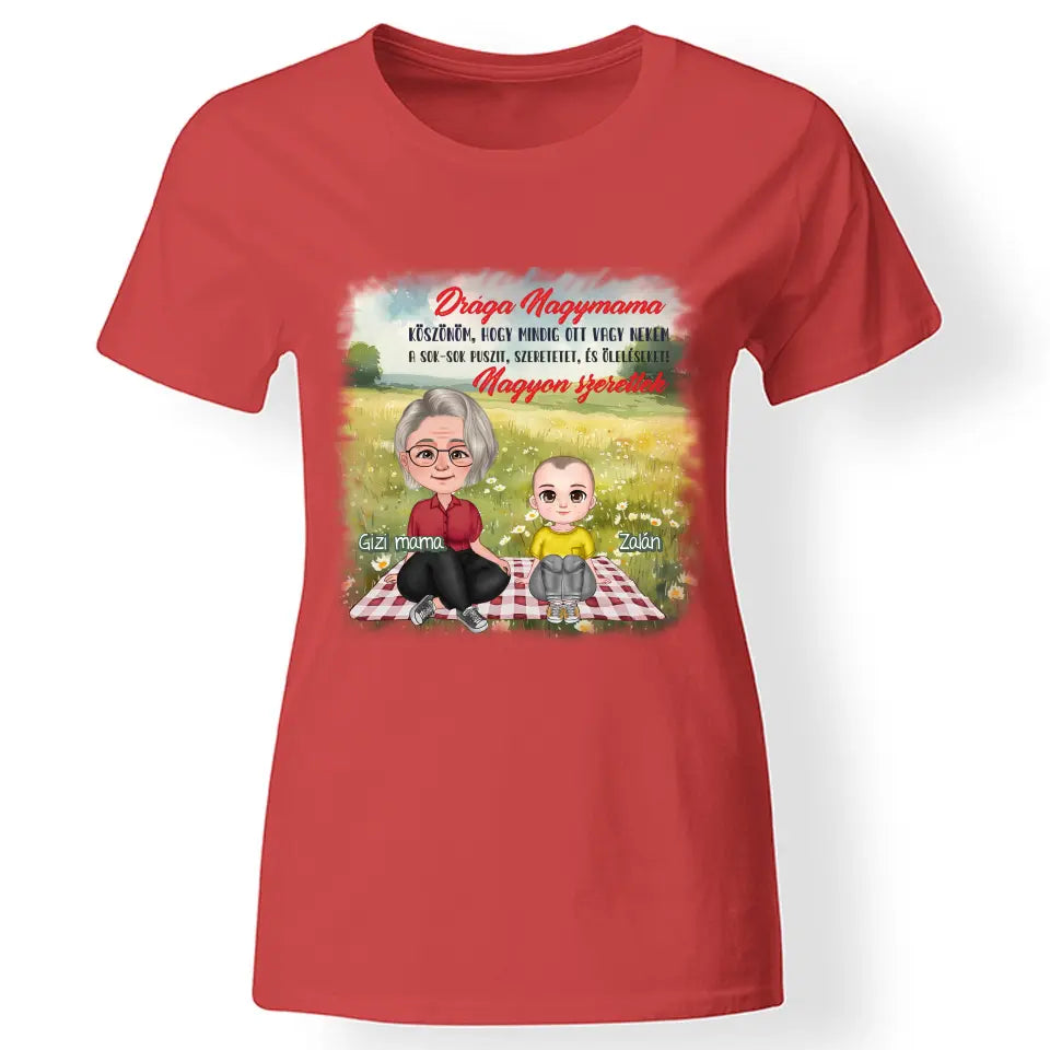 Egyedi ajándék nagymamáknak - Szerkeszthető karakteres Drága nagymama póló piros