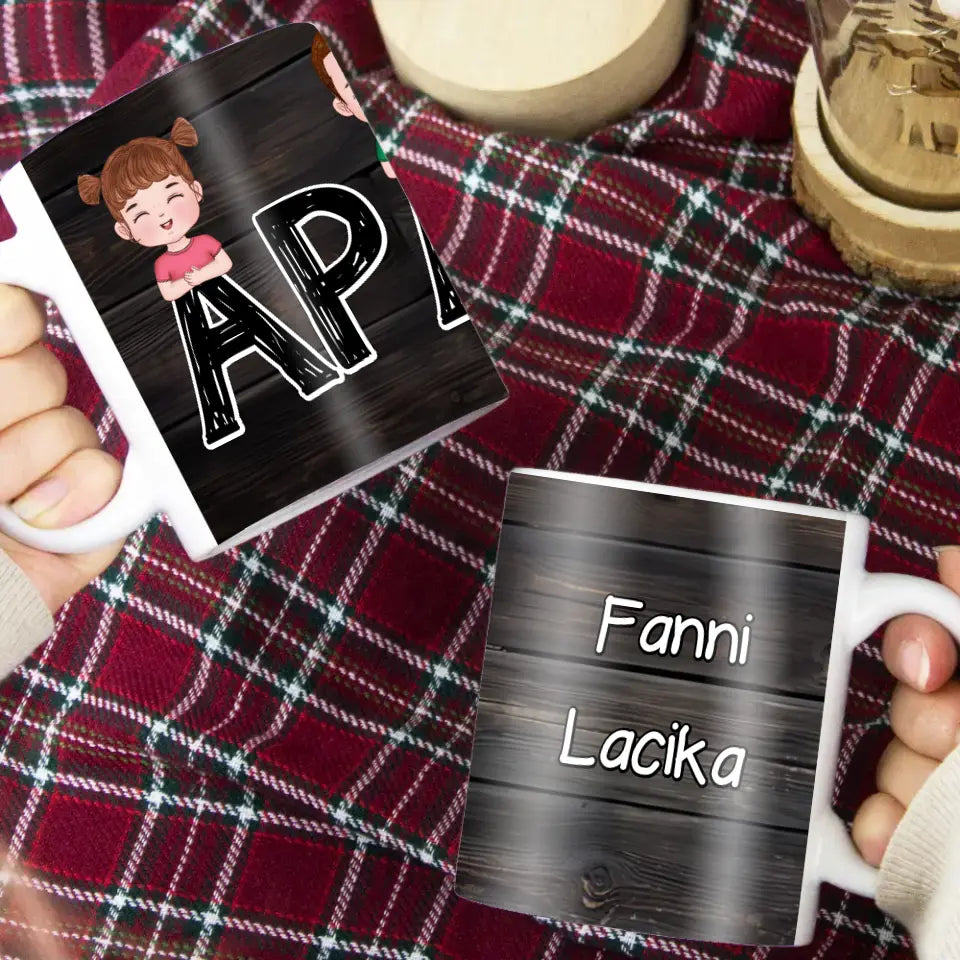 Szerkeszthető cuki karakteres egyedi ajándék bögre Apa felirattal