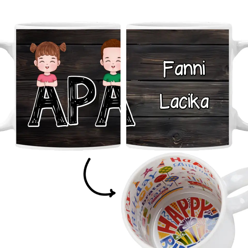 Szerkeszthető cuki karakteres egyedi ajándék bögre Apa felirattal