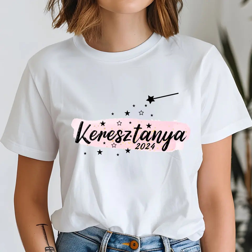 Szerkeszthető keresztanya feliratos ajándék póló dátummal